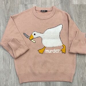 LA!XTON Pink Graphic Crewneck Sweater - 'Murder' Goose Motif